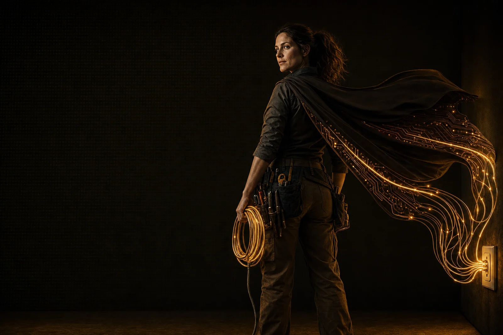 The Wirewoman, a serious heroic figure in electrician's workwear, her cape woven with glowing circuit traces unraveling into cables that plug into the wall, a coil of glowing wire in hand